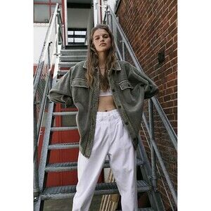 Free People Ruby Jacket Shacket Shirt Small Distressed Oversized Olive Gray Boho